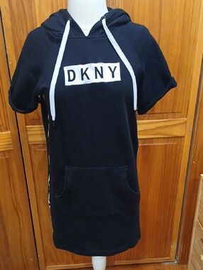 DKNY Black Short-Sleeve Hoodie Dress with White Logo
